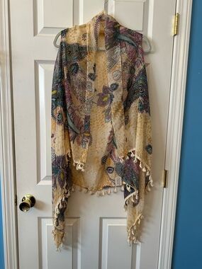 NWTS Accents by Lavello Bohemian Tassel Kimono/Scarf in Cream, Purple & Teal